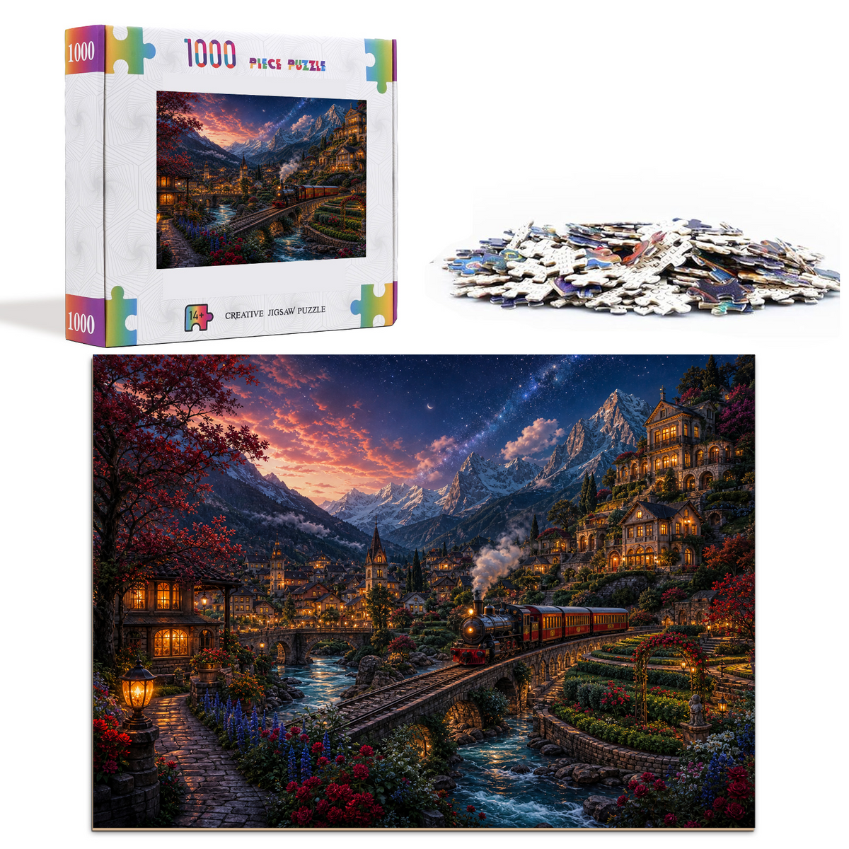 Starlit Mountain Railway Town 159 Landscape Puzzle - puzzle product view