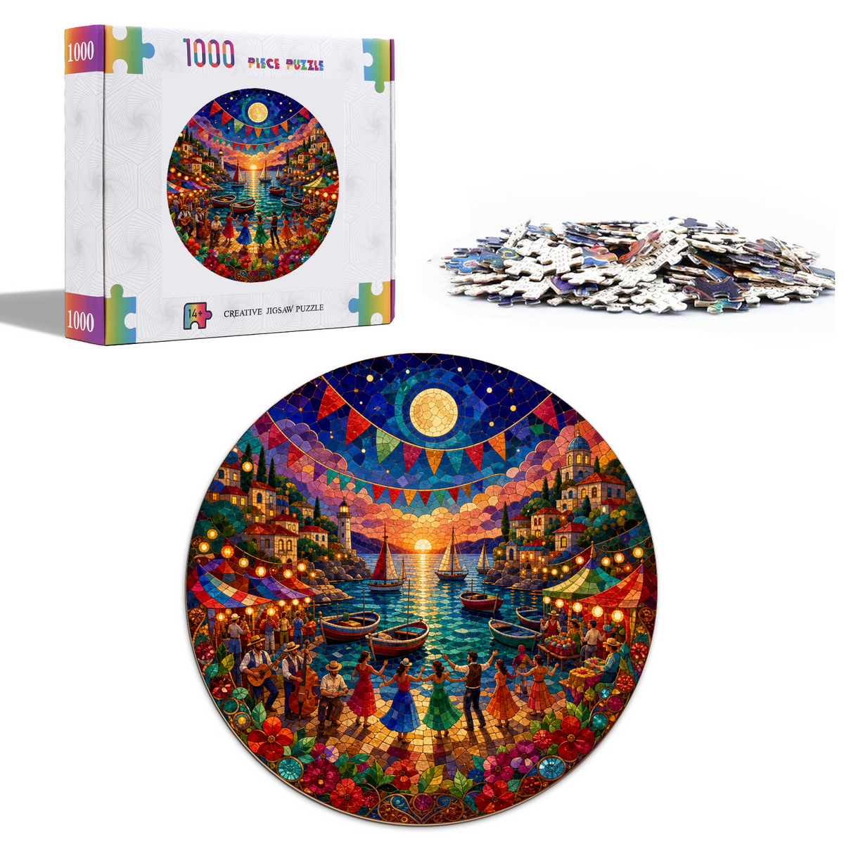 Moonlit Coastal Summer Festival Round Puzzle - puzzle product view