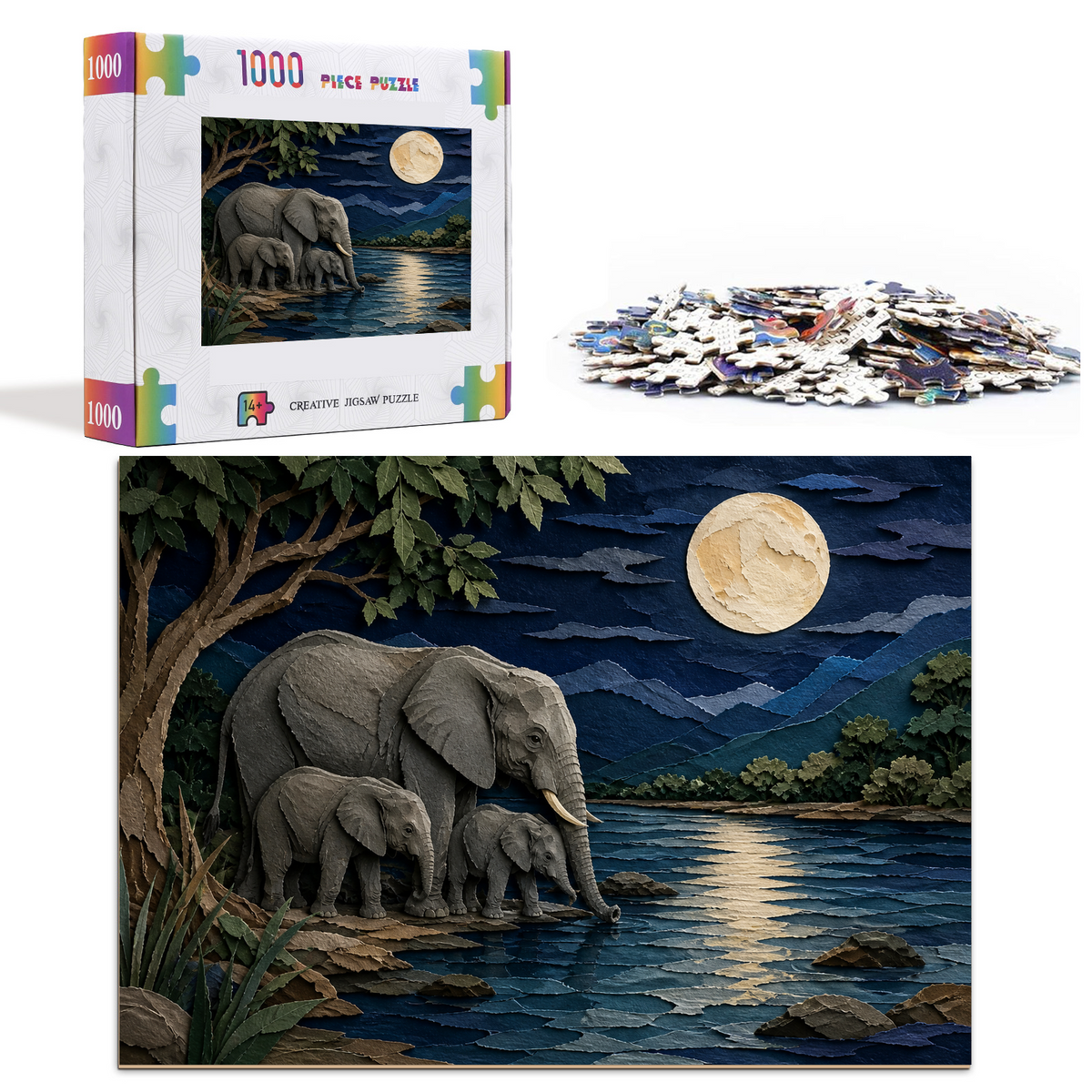 Moonlit Elephant Family Landscape Puzzle - puzzle product view