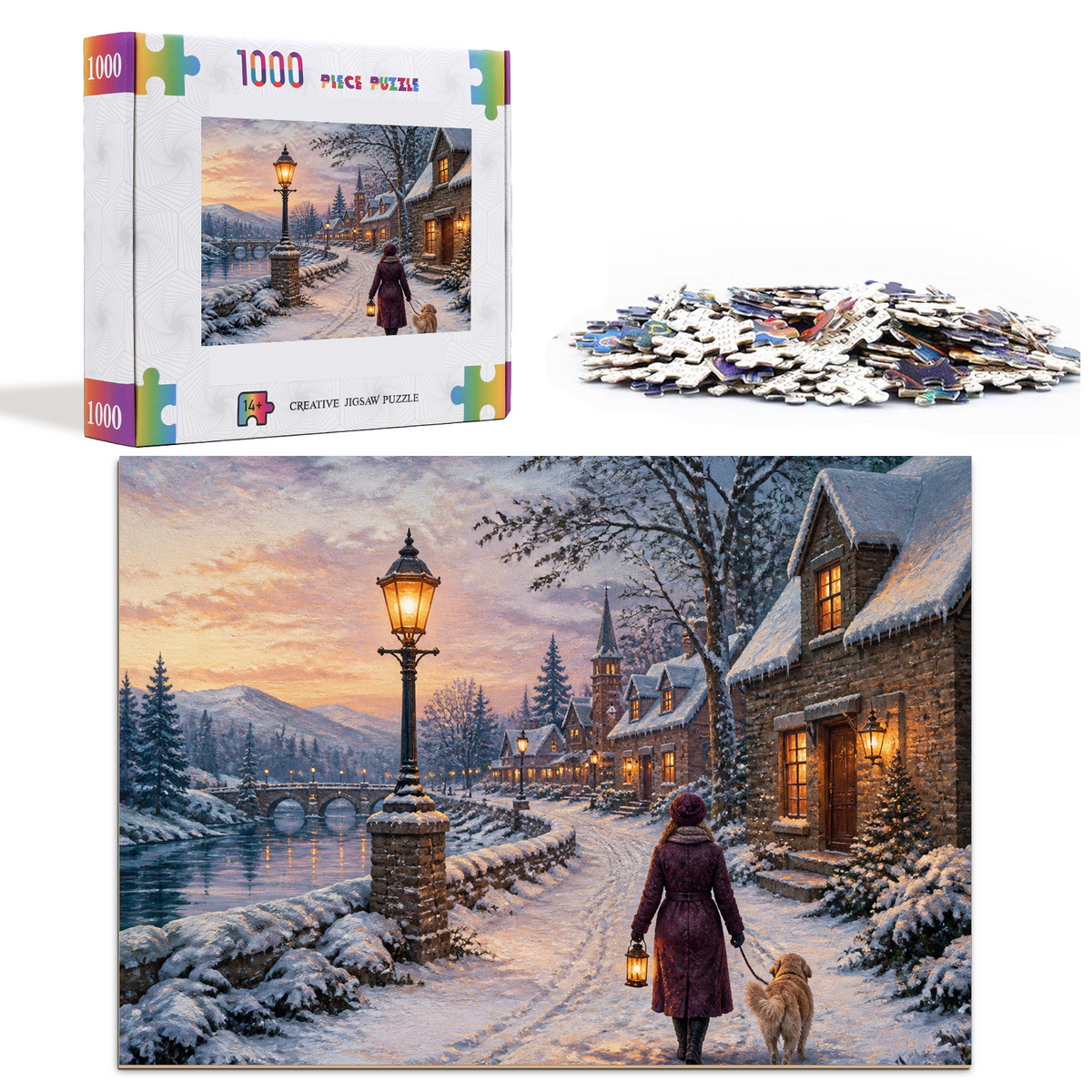 Sunlit Lantern Lit Winter Village Textile Quilt Landscape Puzzle - puzzle product view