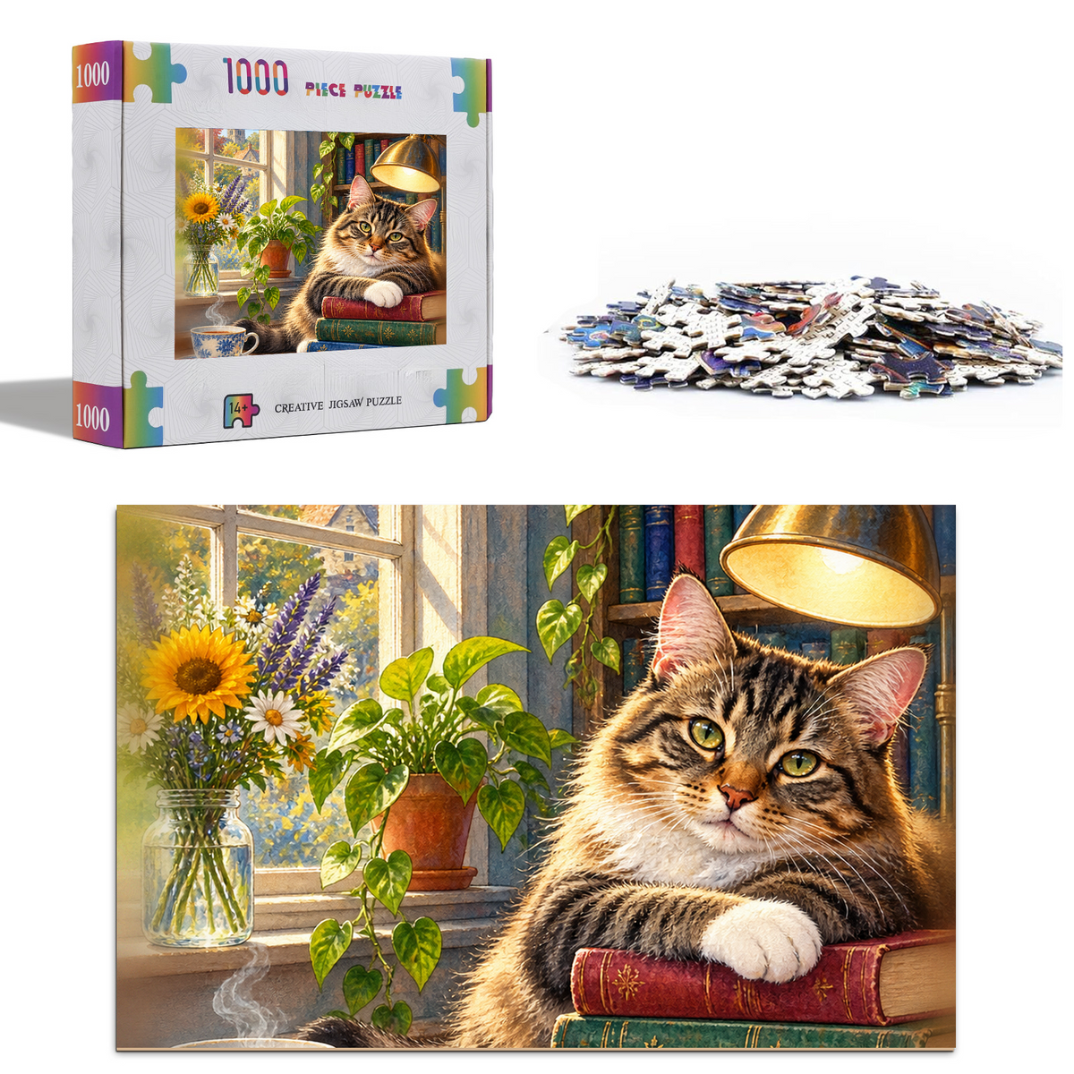 Vibrant Library Cat Portrait Puzzle - puzzle product view