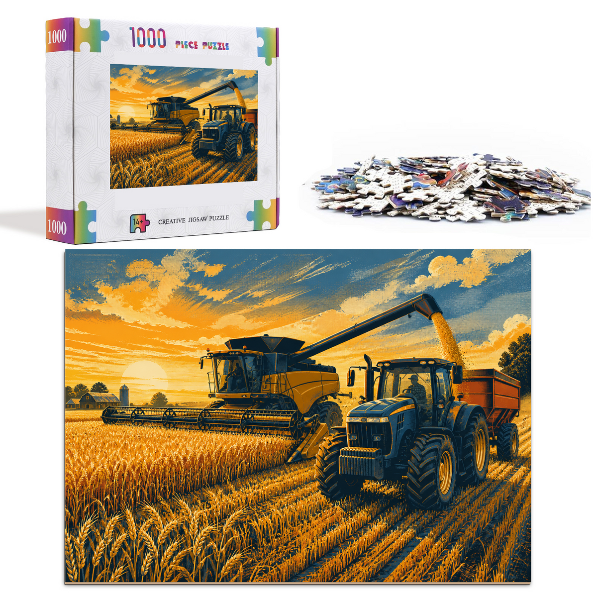 Luminous Farm Machinery at Harvest Screen Print Landscape Puzzle - puzzle product view