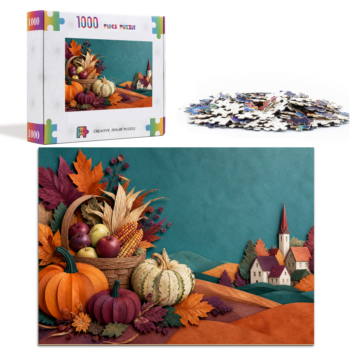 Moonlit Harvest Festival Paper Cut Collage Landscape Puzzle - puzzle product view