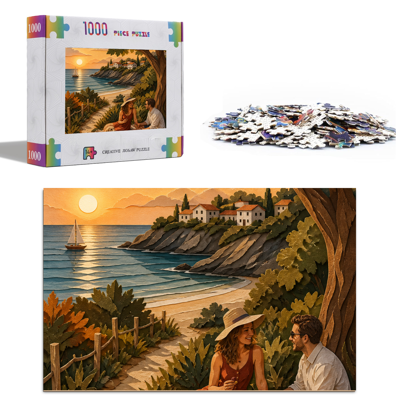 Moonlit Summer Beach Picnic Paper Cut Collage Portrait Puzzle - puzzle product view