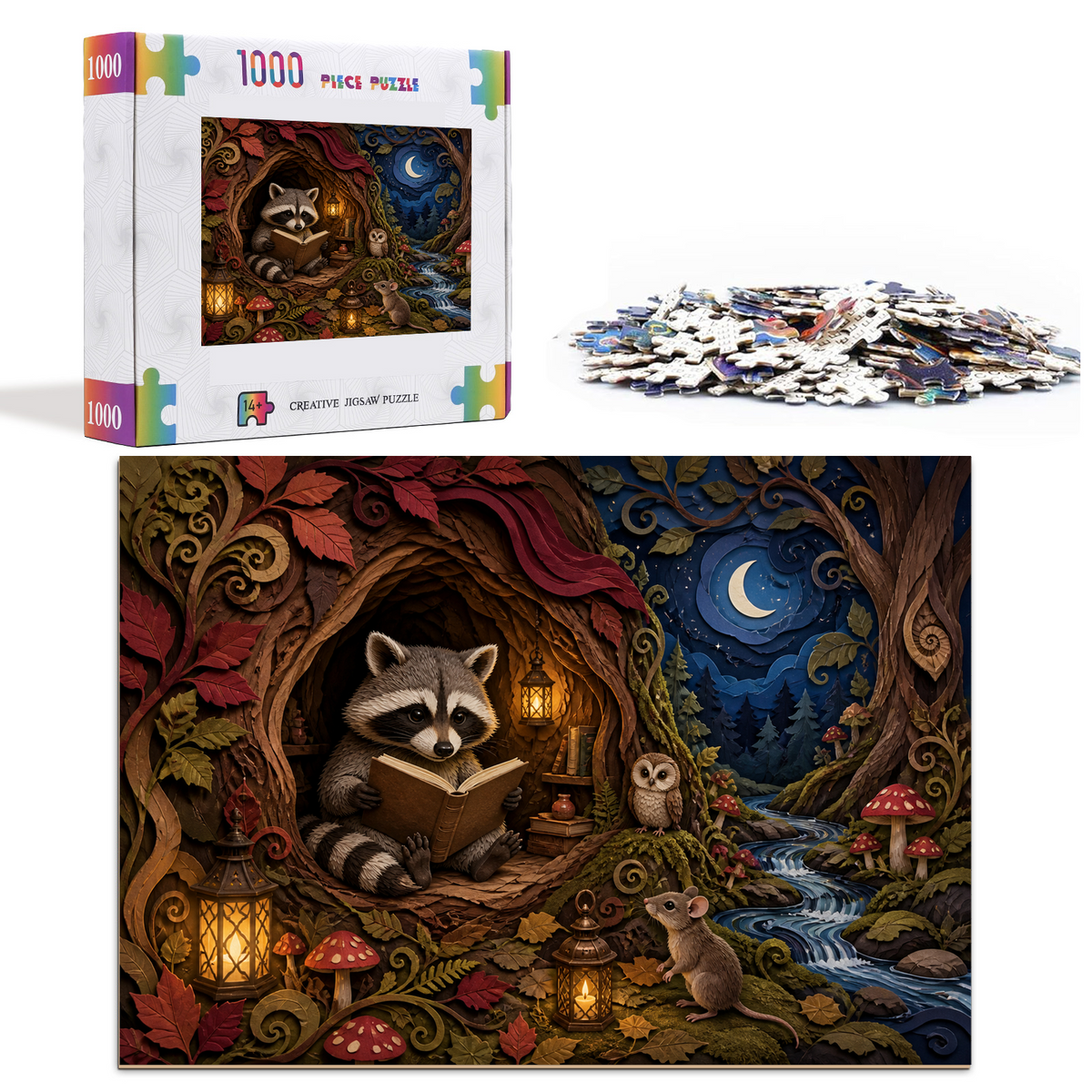 Starlit Raccoon Reading Hollow Landscape Puzzle - puzzle product view