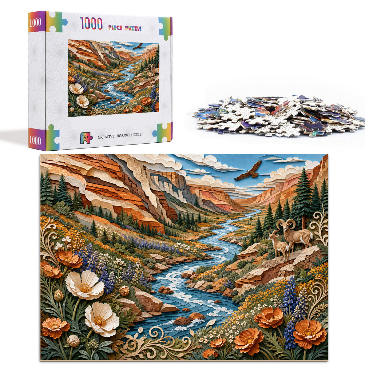 Sunlit Wildflower Canyon River Landscape Puzzle - puzzle product view