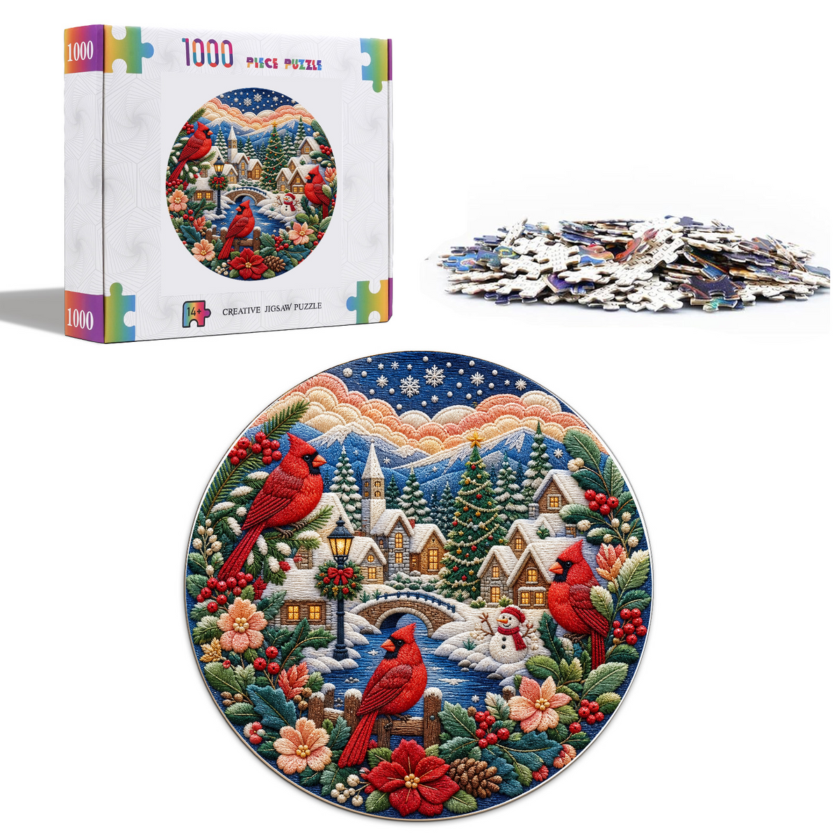 Wildflower Cardinal Winter Village Round Puzzle - puzzle product view