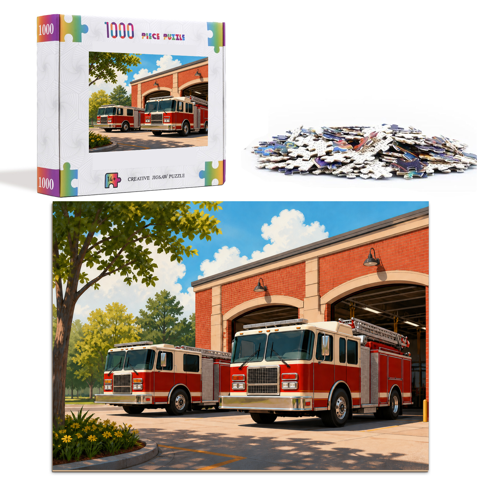 Sunlit Fire Engines at the Station Flat Editorial Illustration - puzzle product view