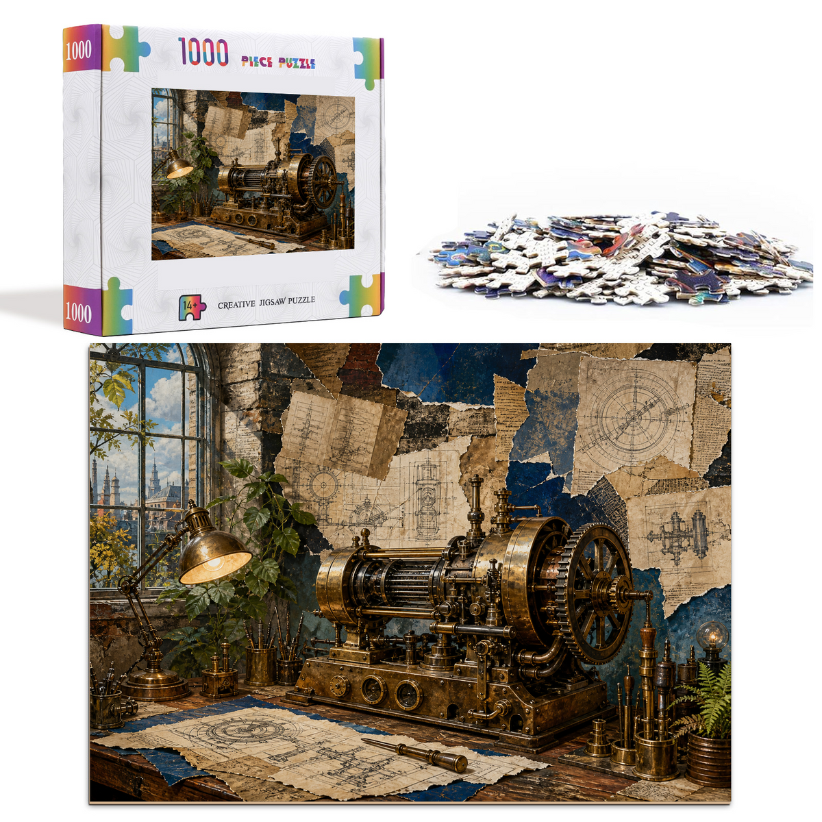 Moonlit Inventor Workshop Surreal Collage Landscape Puzzle - puzzle product view