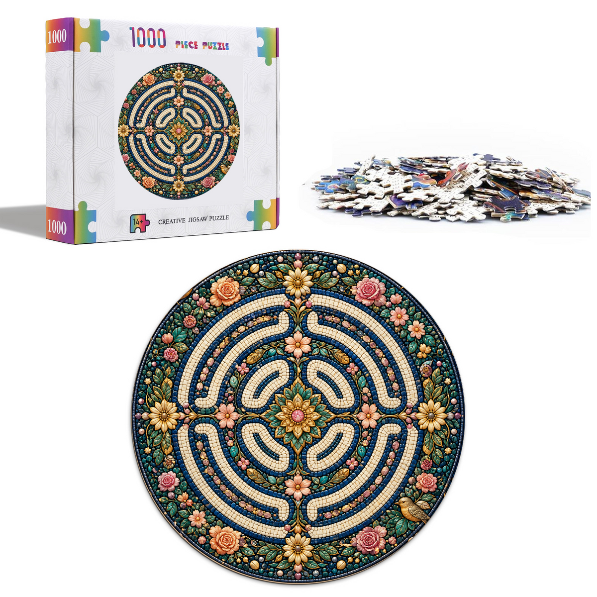 Golden Floral Labyrinth 074 Round Puzzle - puzzle product view