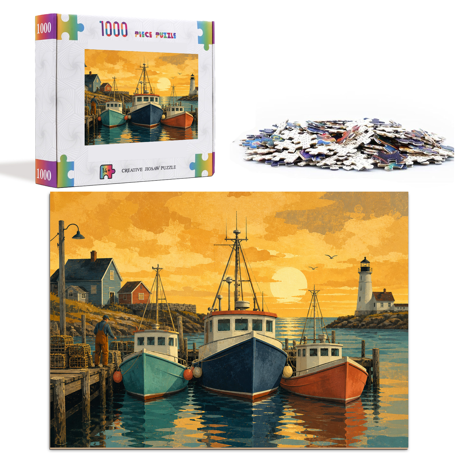 Golden Hour Working Harbor Boats Travel Poster Landscape Puzzle - puzzle product view