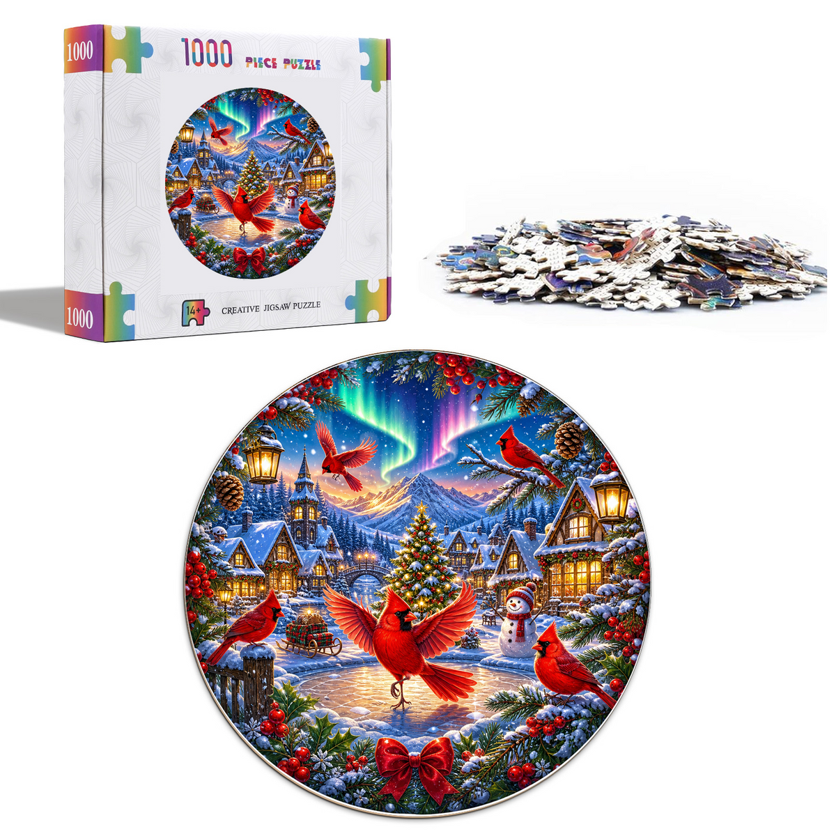 Dancing Cardinal Winter Village Round Puzzle - puzzle product view