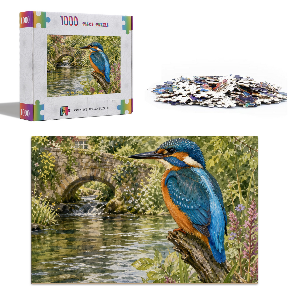 Vibrant Kingfisher By A River Portrait Puzzle - puzzle product view