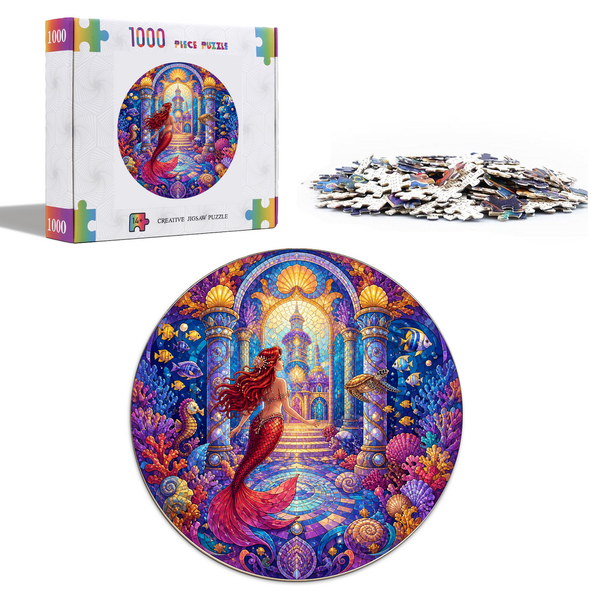 Crimson Mermaid Coral Palace Round Puzzle - puzzle product view