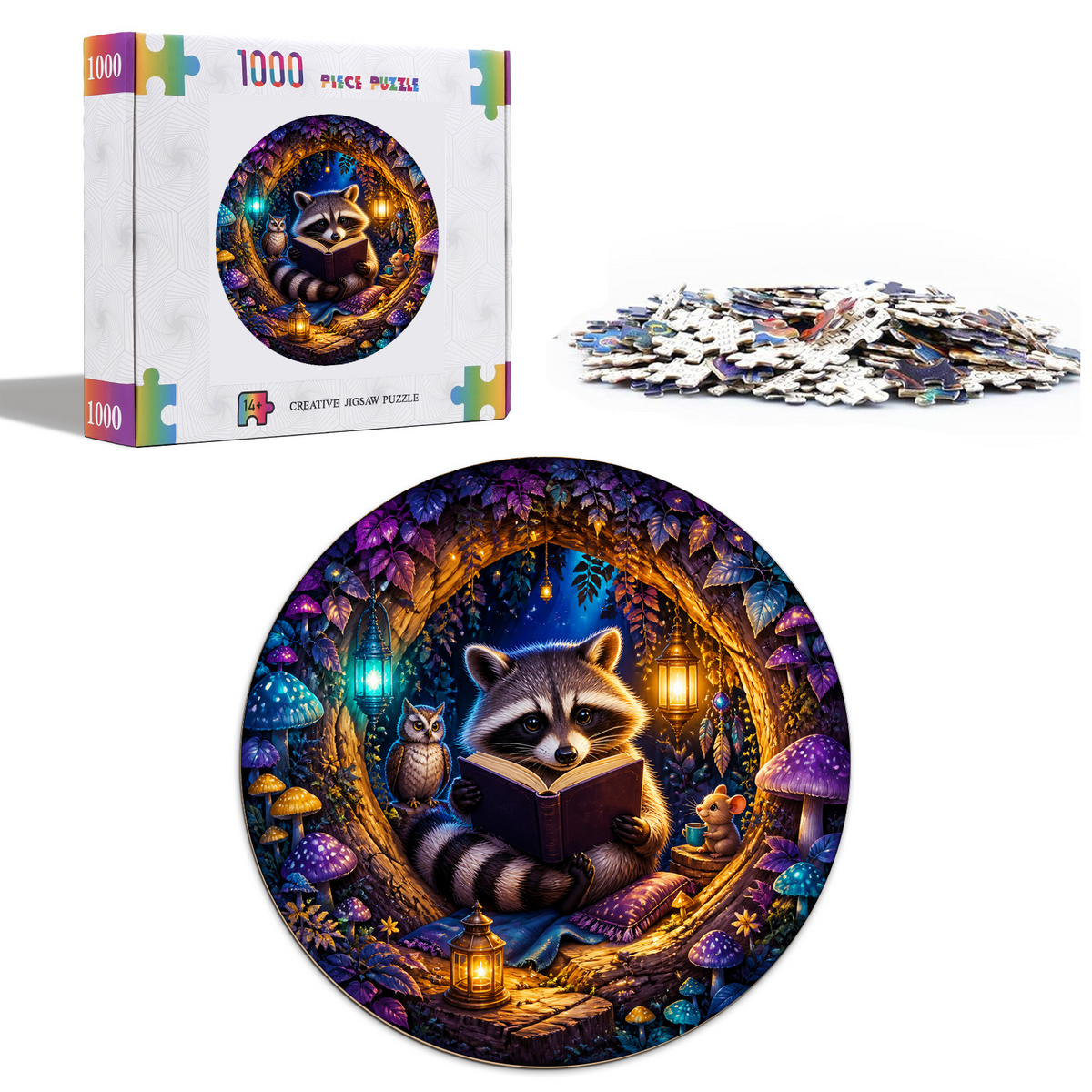 Dancing Raccoon Reading Hollow Round Puzzle - puzzle product view