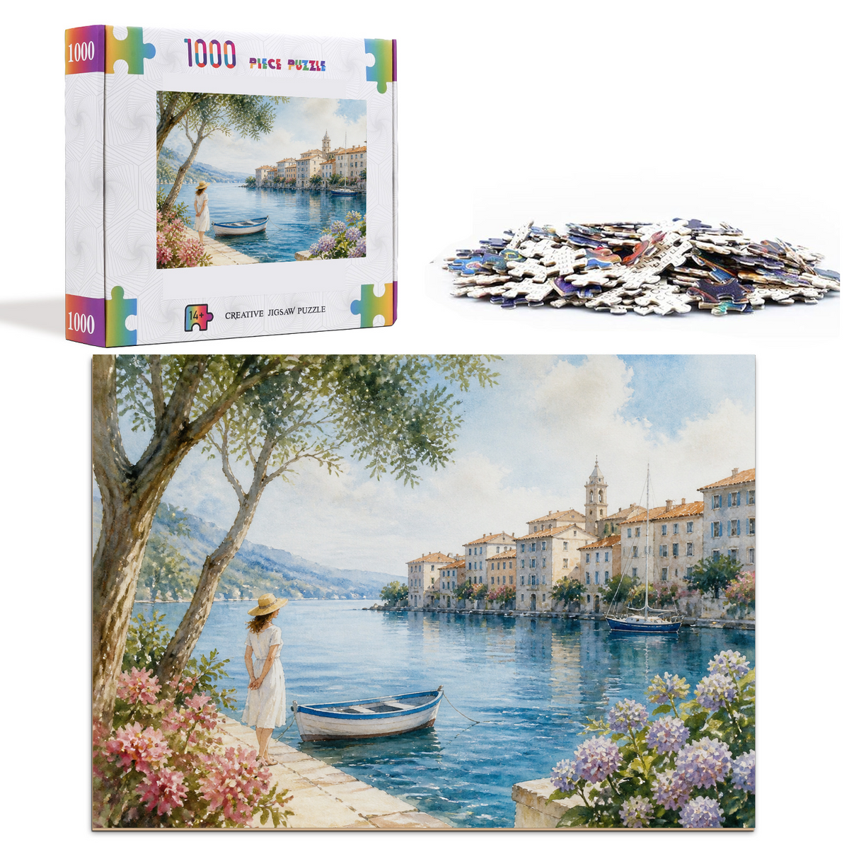 Story-Rich Watercolor Harbor Landscape Puzzle - puzzle product view