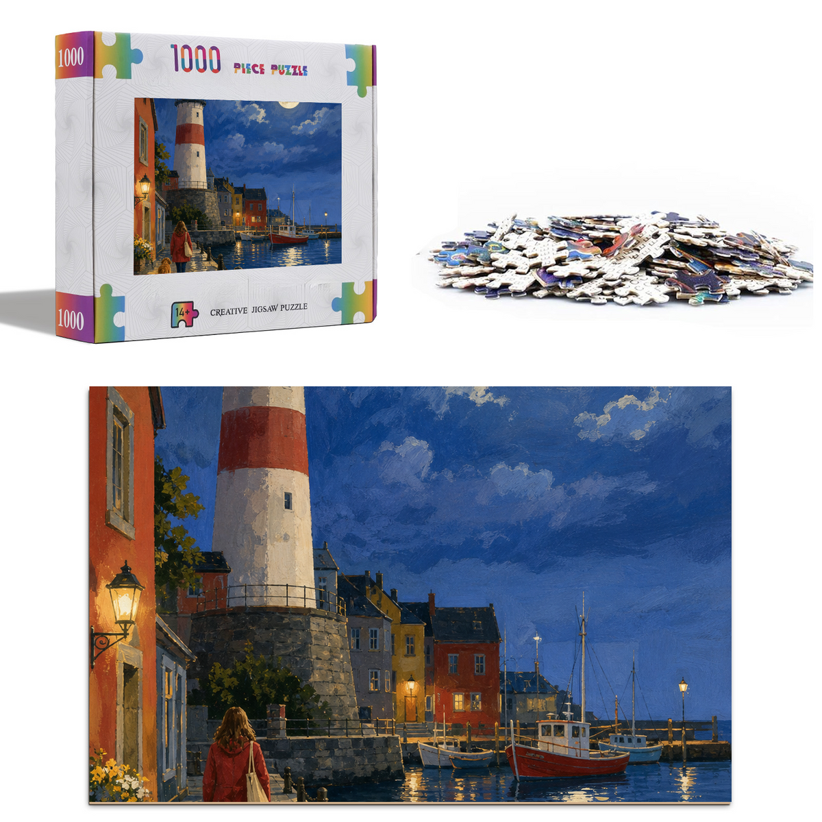 Moonlit Lighthouse Harbor Portrait Puzzle - puzzle product view