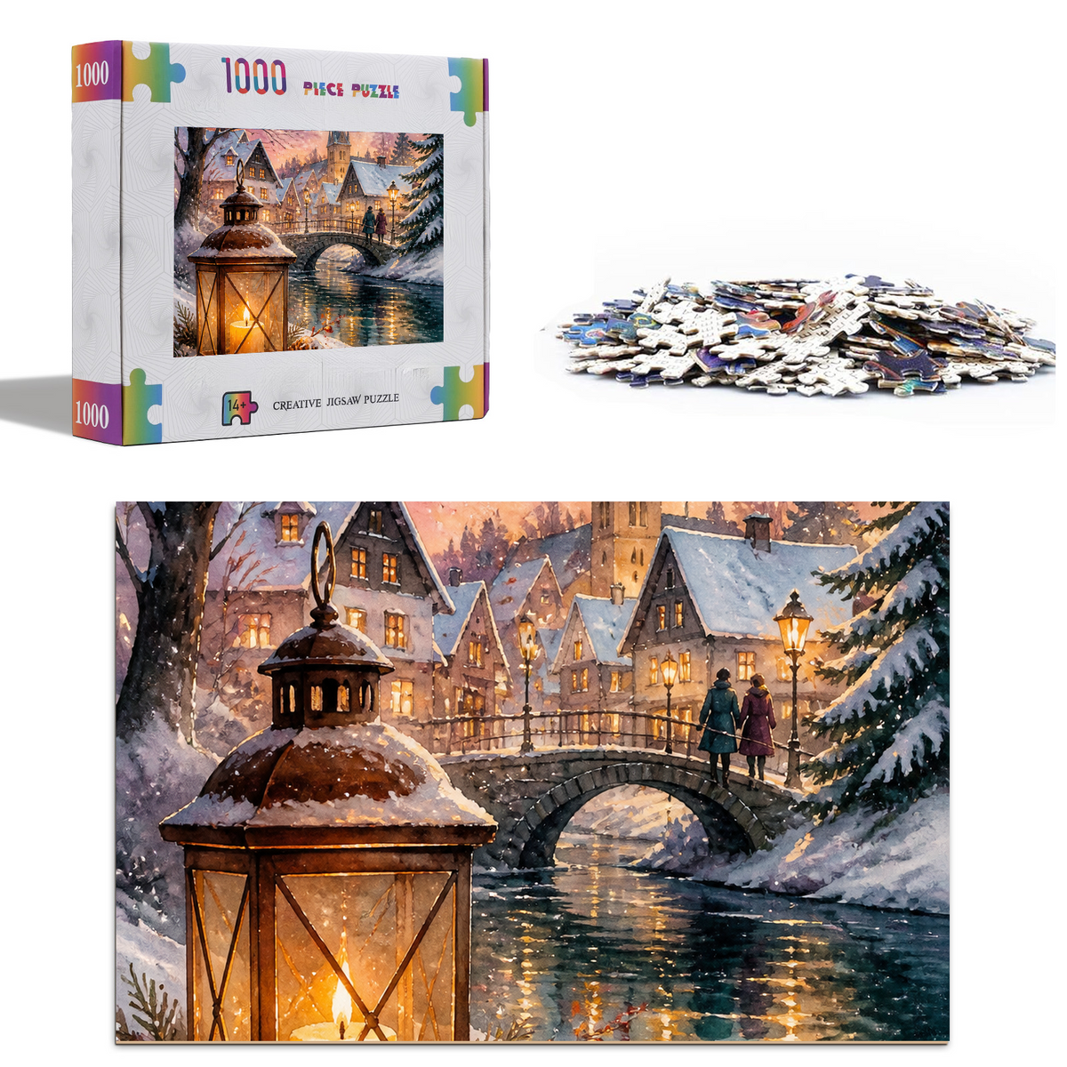 Story Rich Lantern Lit Winter Village Watercolor Ink Portrait Puzzle - puzzle product view
