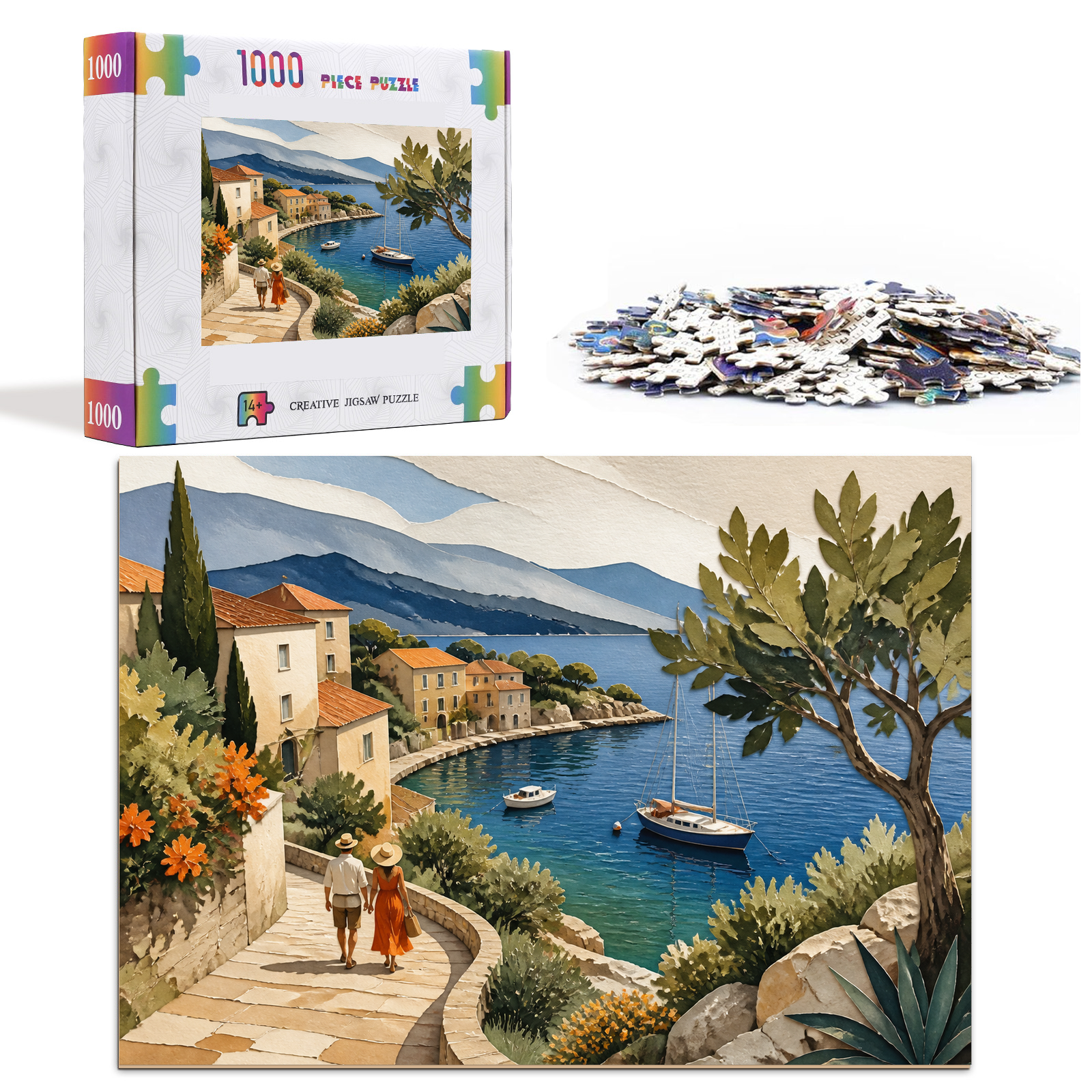 Quiet Watercolor Harbor Paper Cut Collage Landscape Puzzle - puzzle product view