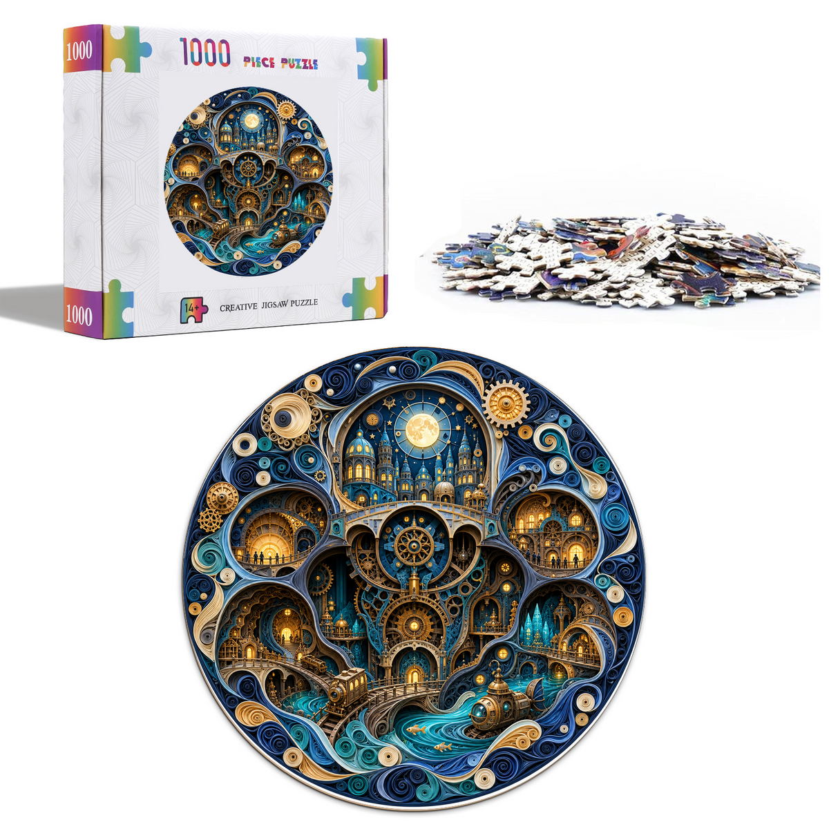 Moonlit Clockwork Underground City Round Puzzle - puzzle product view