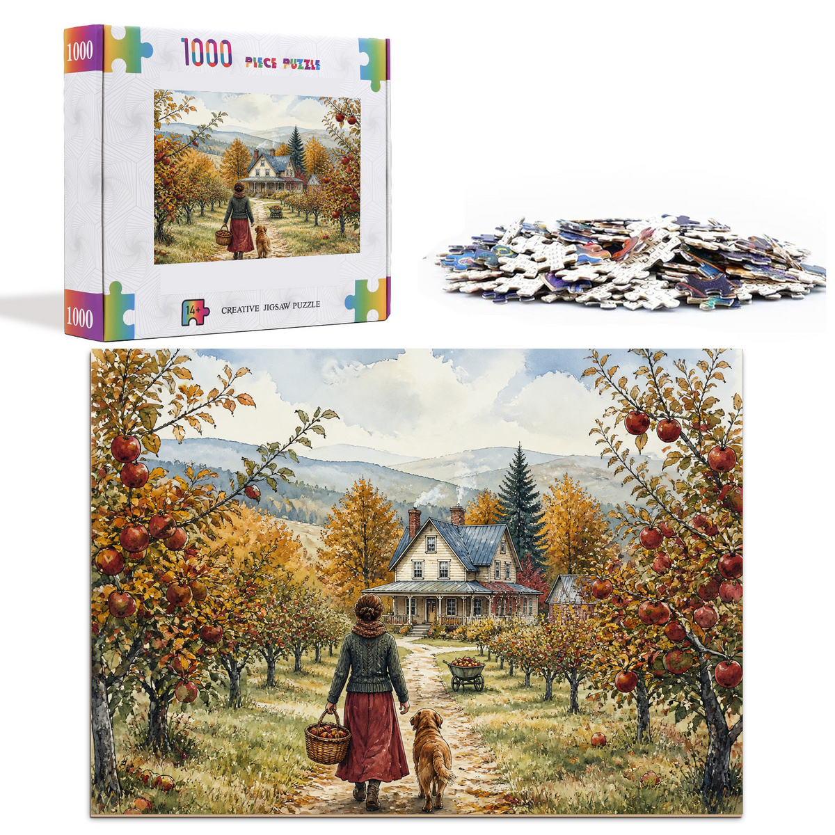 Luminous Autumn Apple Orchard Watercolor Ink Landscape Puzzle - puzzle product view
