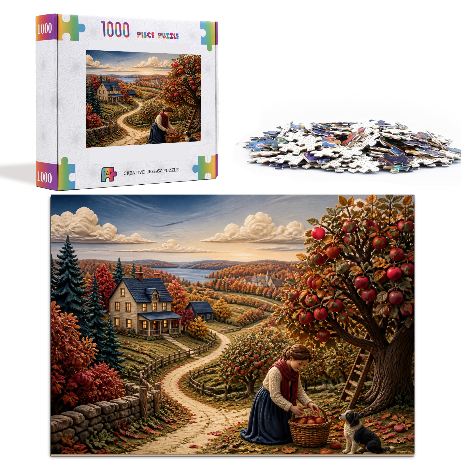 Vibrant Autumn Apple Orchard Soft 3d Storybook Landscape Puzzle - puzzle product view