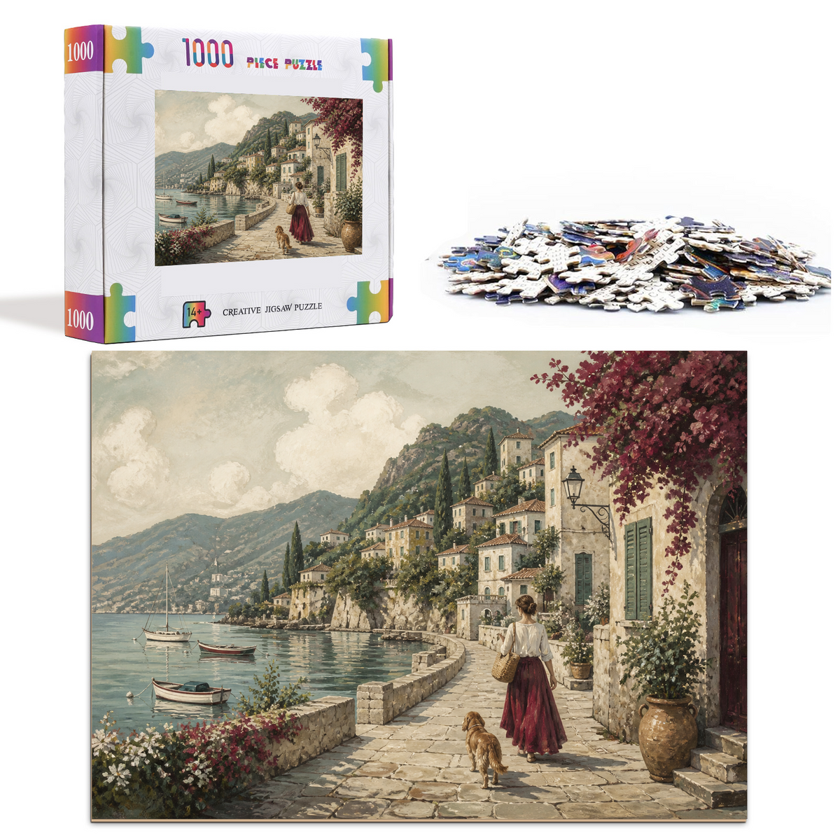 Moonlit Painted Seaside Town Tile Mural Landscape Puzzle - puzzle product view