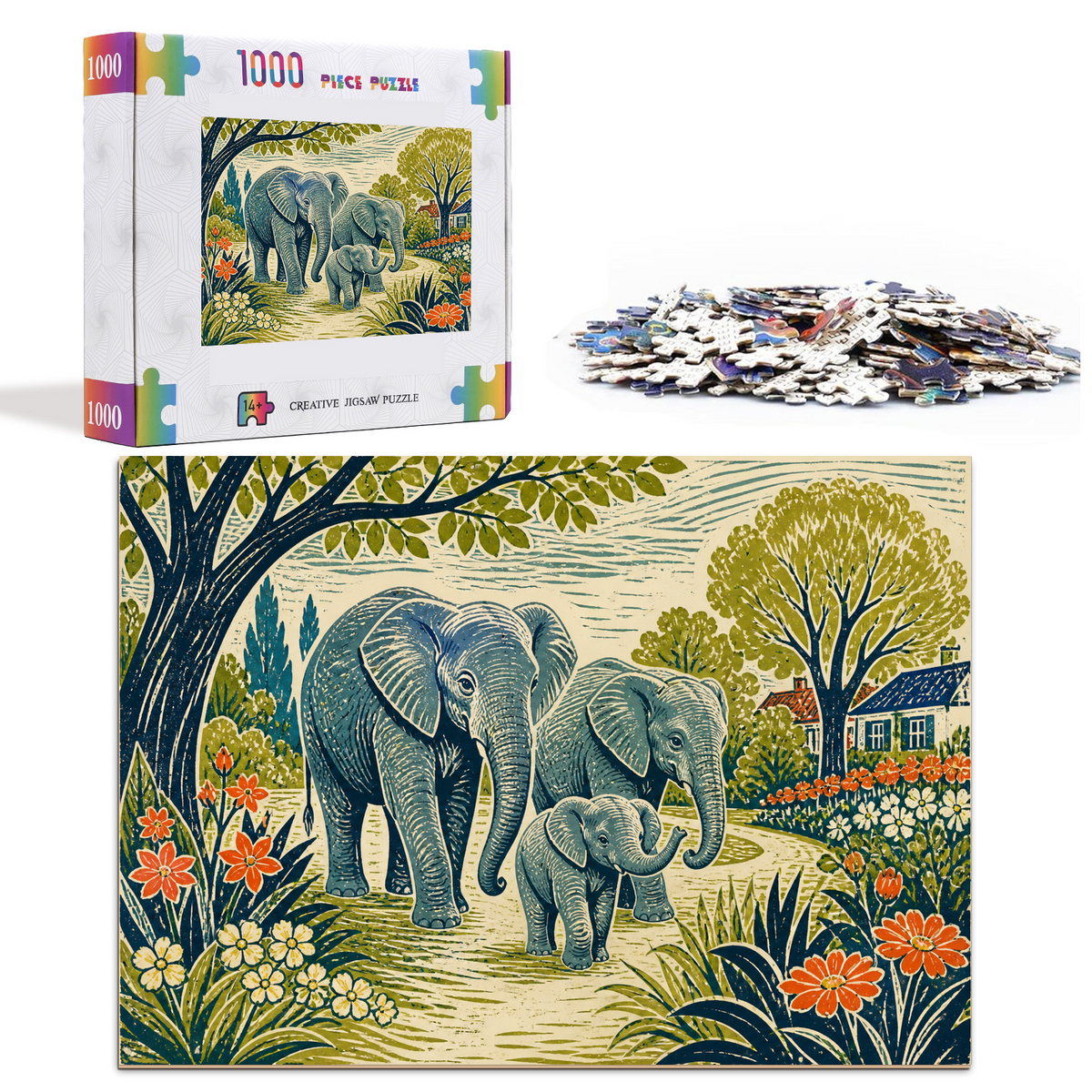 Vibrant Elephant Family Landscape Puzzle - puzzle product view