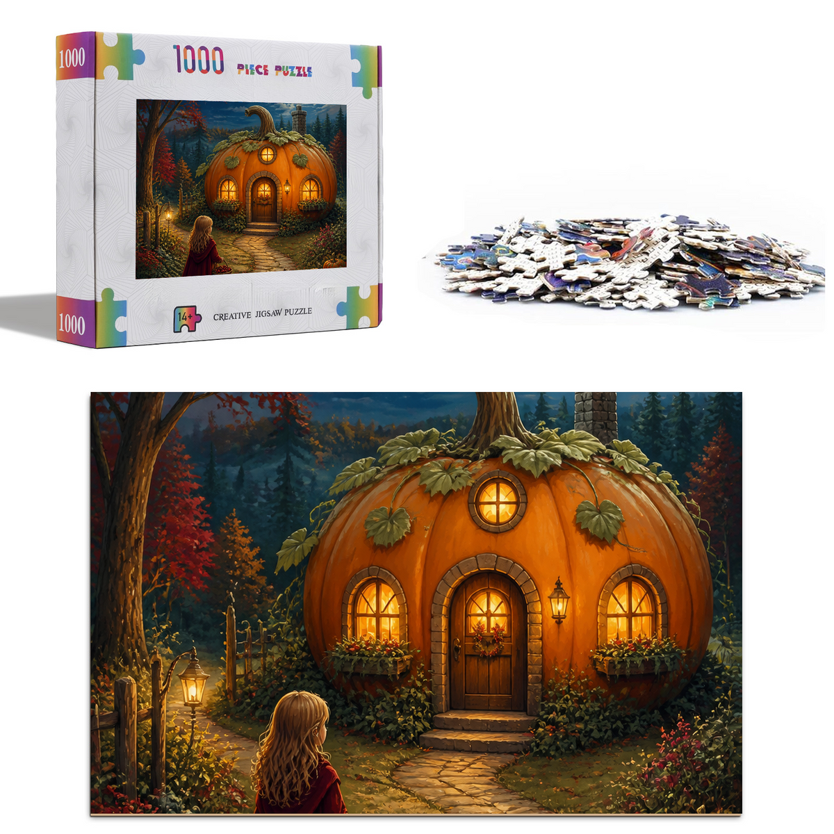 Sunlit Pumpkin Cottage Character Illustration Portrait Puzzle - puzzle product view