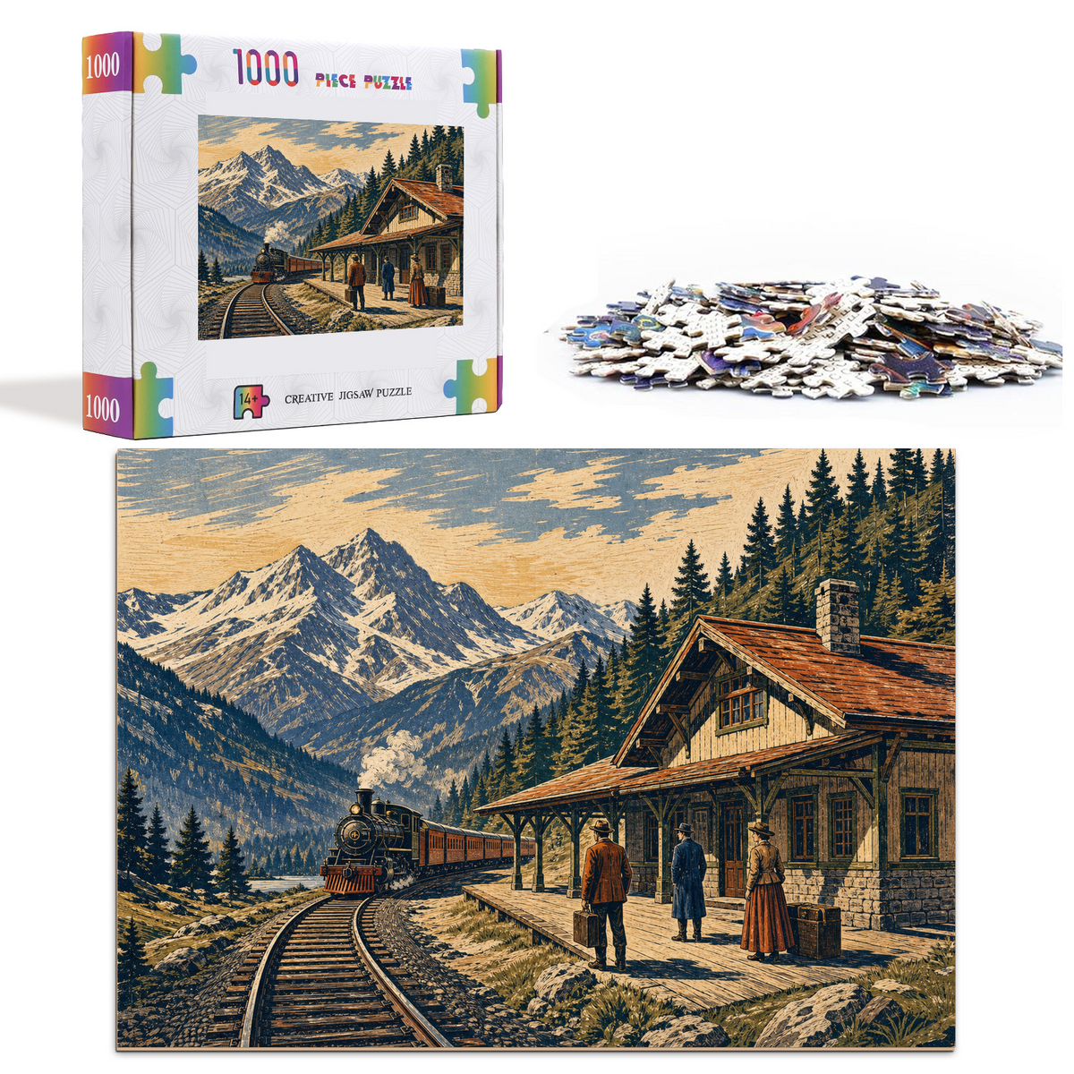 Vibrant Mountain Railway Station Woodblock Landscape Puzzle - puzzle product view