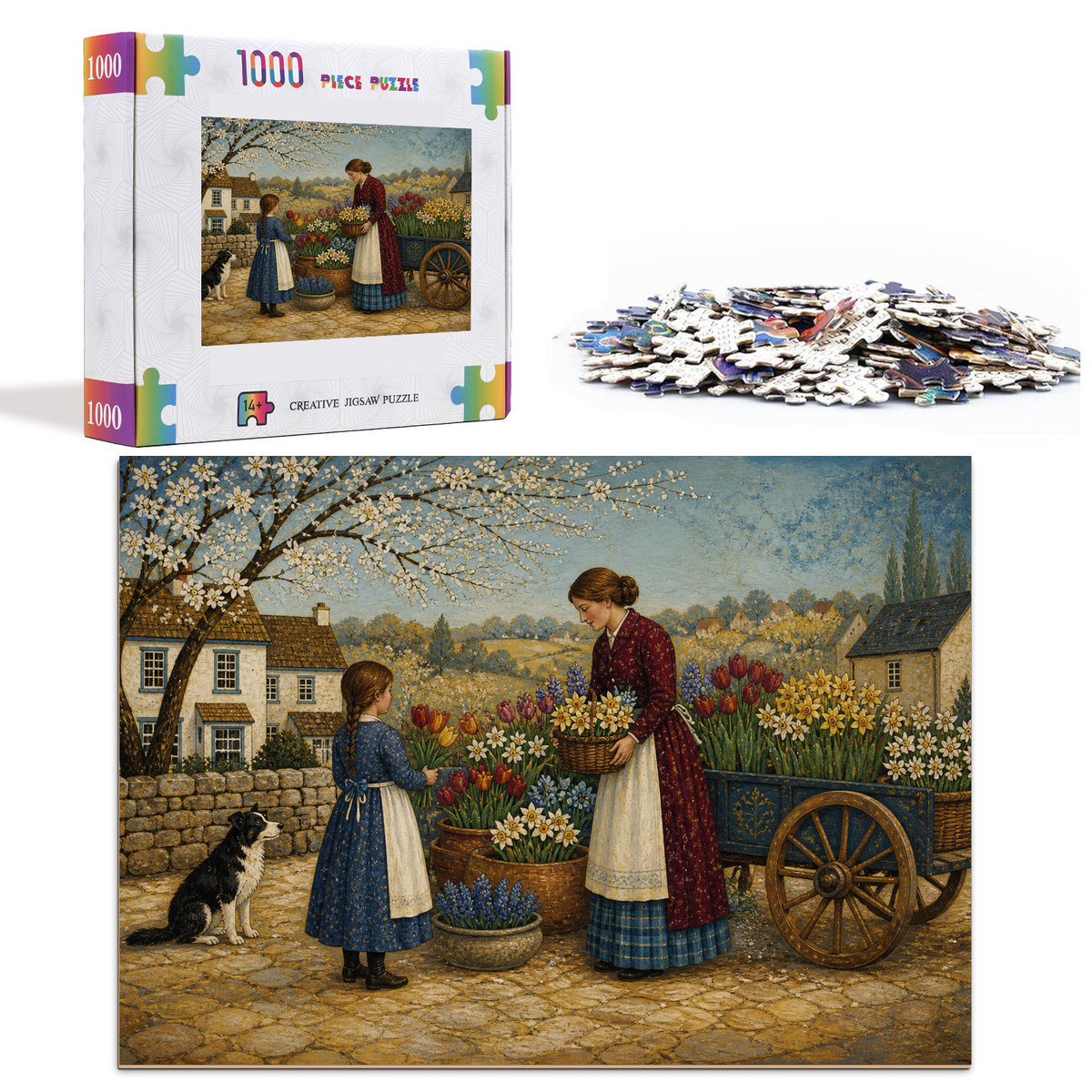 Sunlit Spring Flower Market Folk Art Landscape Puzzle - puzzle product view