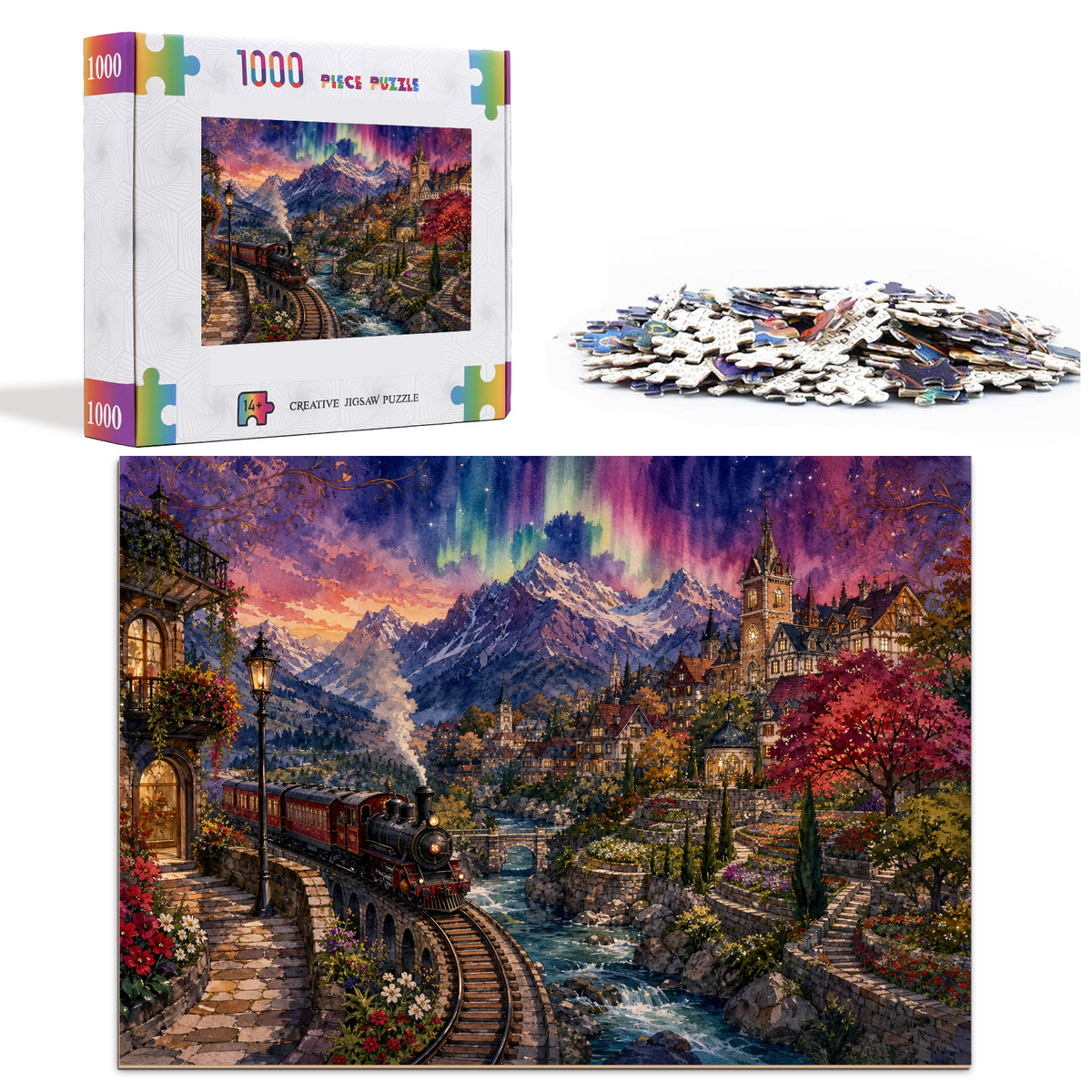 Aurora Mountain Railway Town Landscape Puzzle - puzzle product view