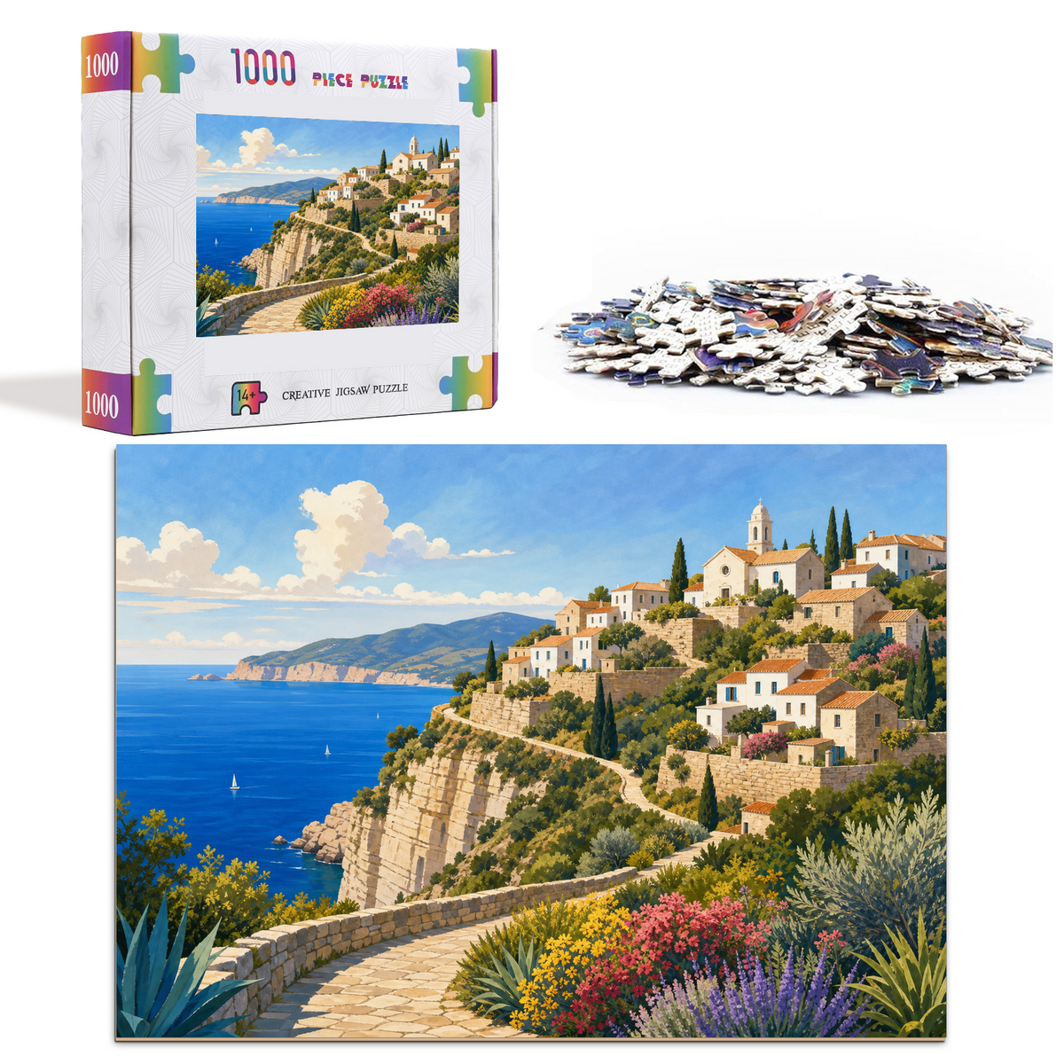 Vibrant Cliff Village Flat Editorial Illustration Landscape Puzzle - puzzle product view