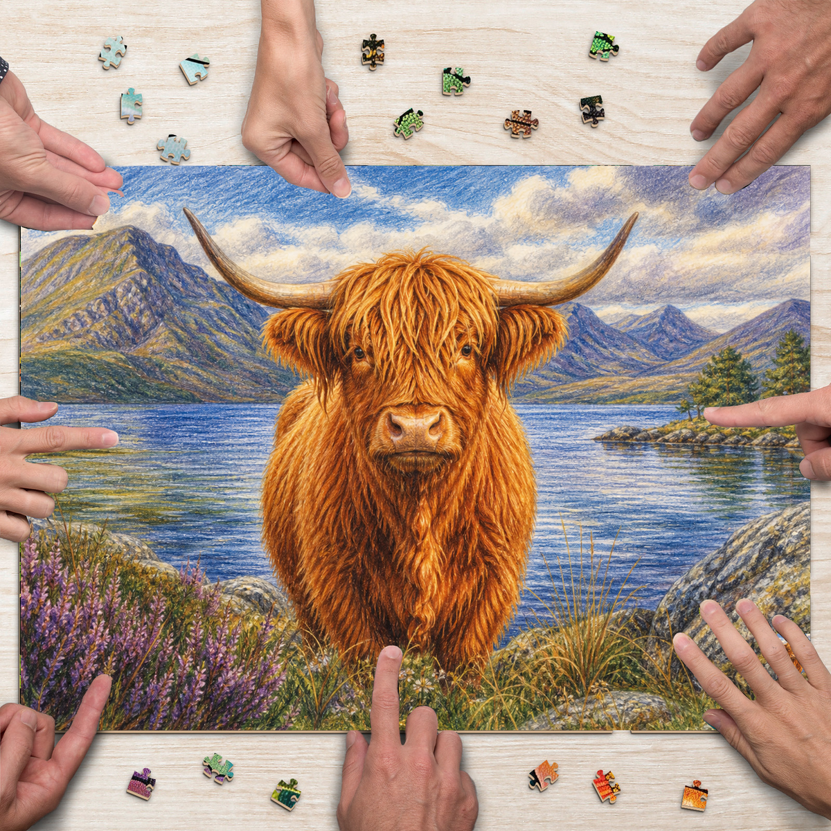 Vibrant Highland Cattle Landscape Puzzle - puzzle product view