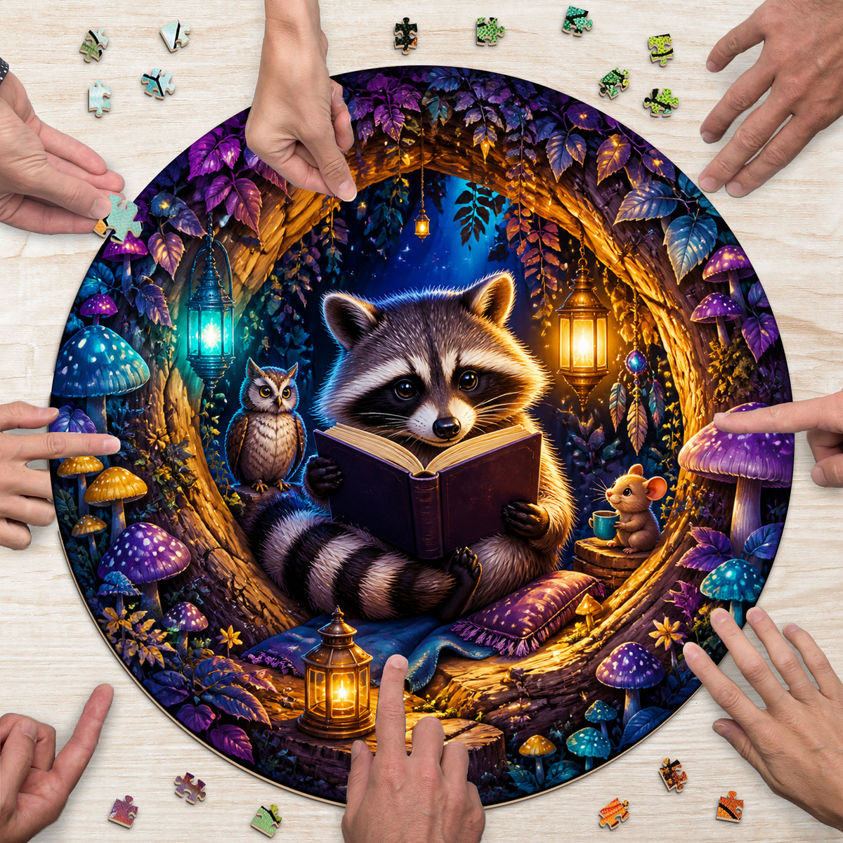 Dancing Raccoon Reading Hollow Round Puzzle - puzzle product view
