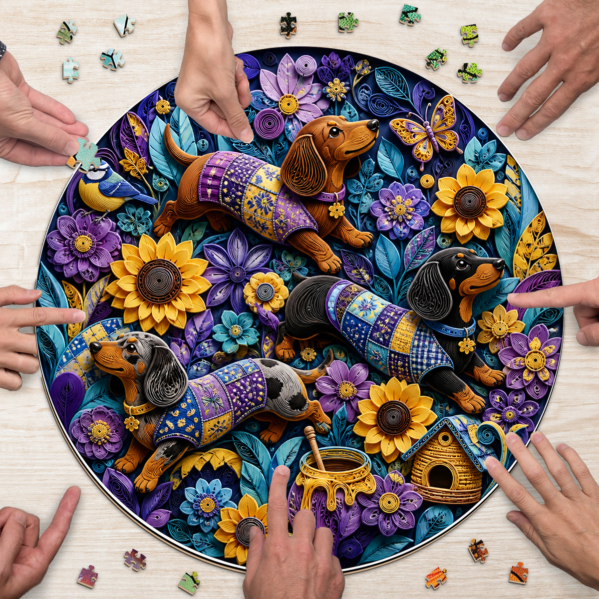 Honeyed Dachshund Flower Parade Round Puzzle - puzzle product view