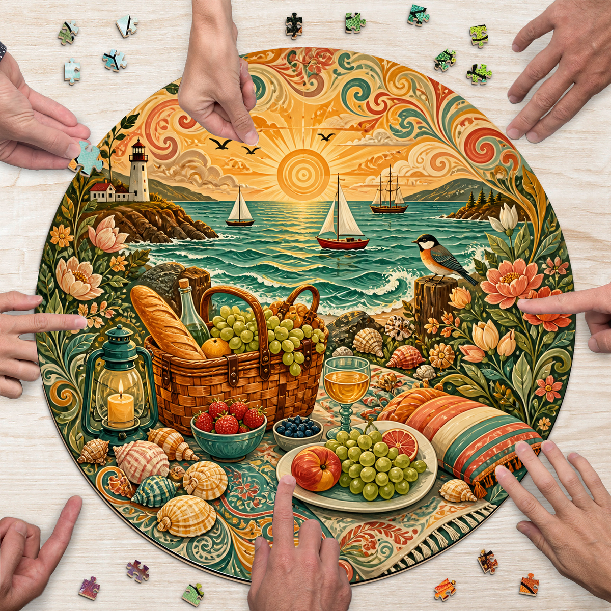 Aurora Coastal Picnic Feast Round Puzzle - puzzle product view
