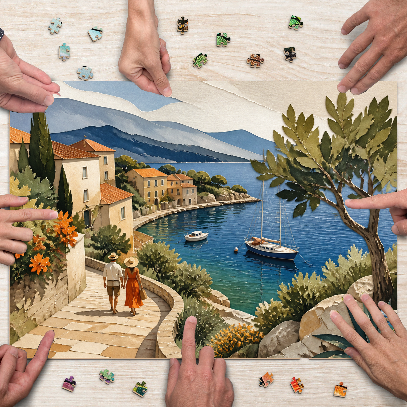 Quiet Watercolor Harbor Paper Cut Collage Landscape Puzzle - puzzle product view
