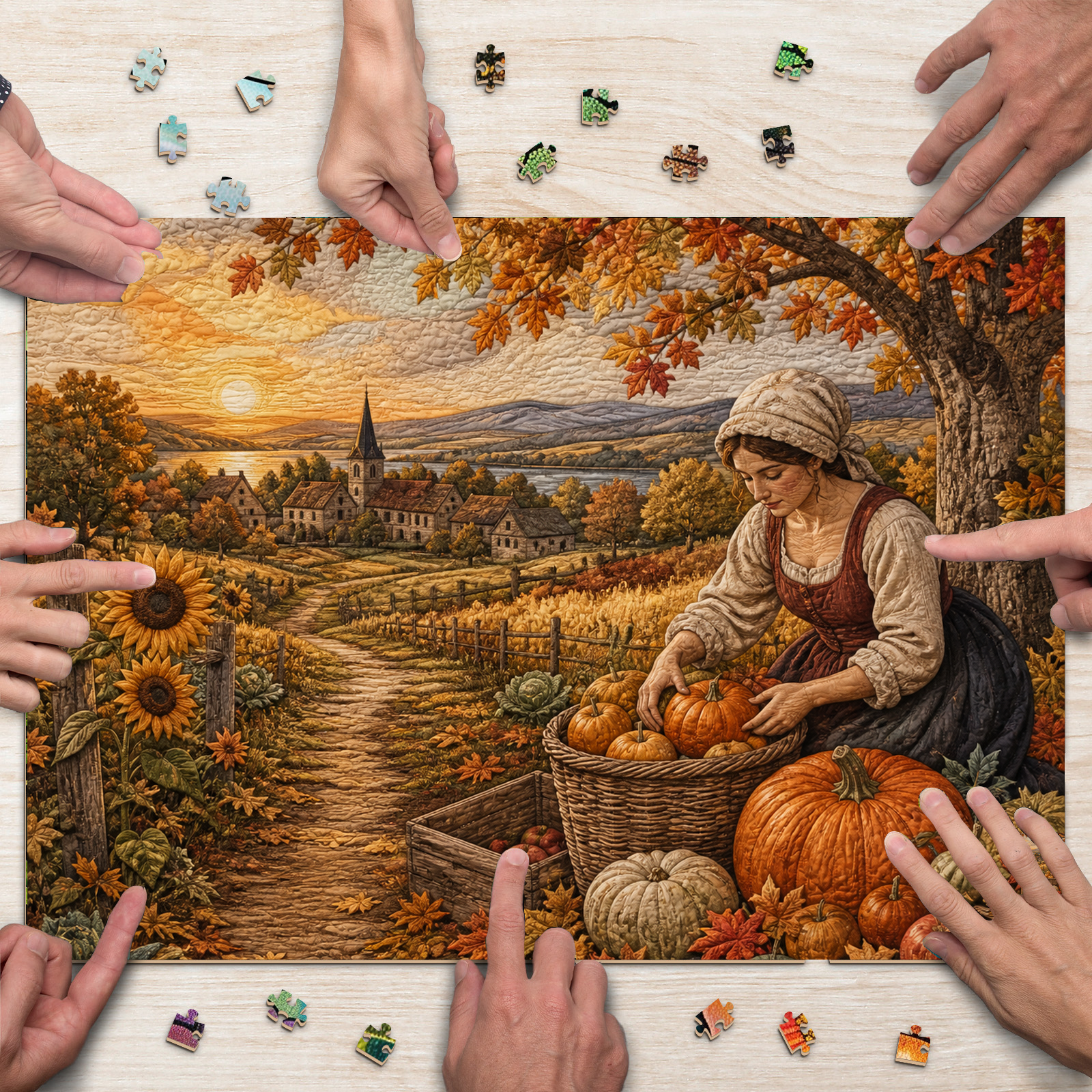 Sunlit Harvest Festival Textile Quilt Landscape Puzzle - puzzle product view
