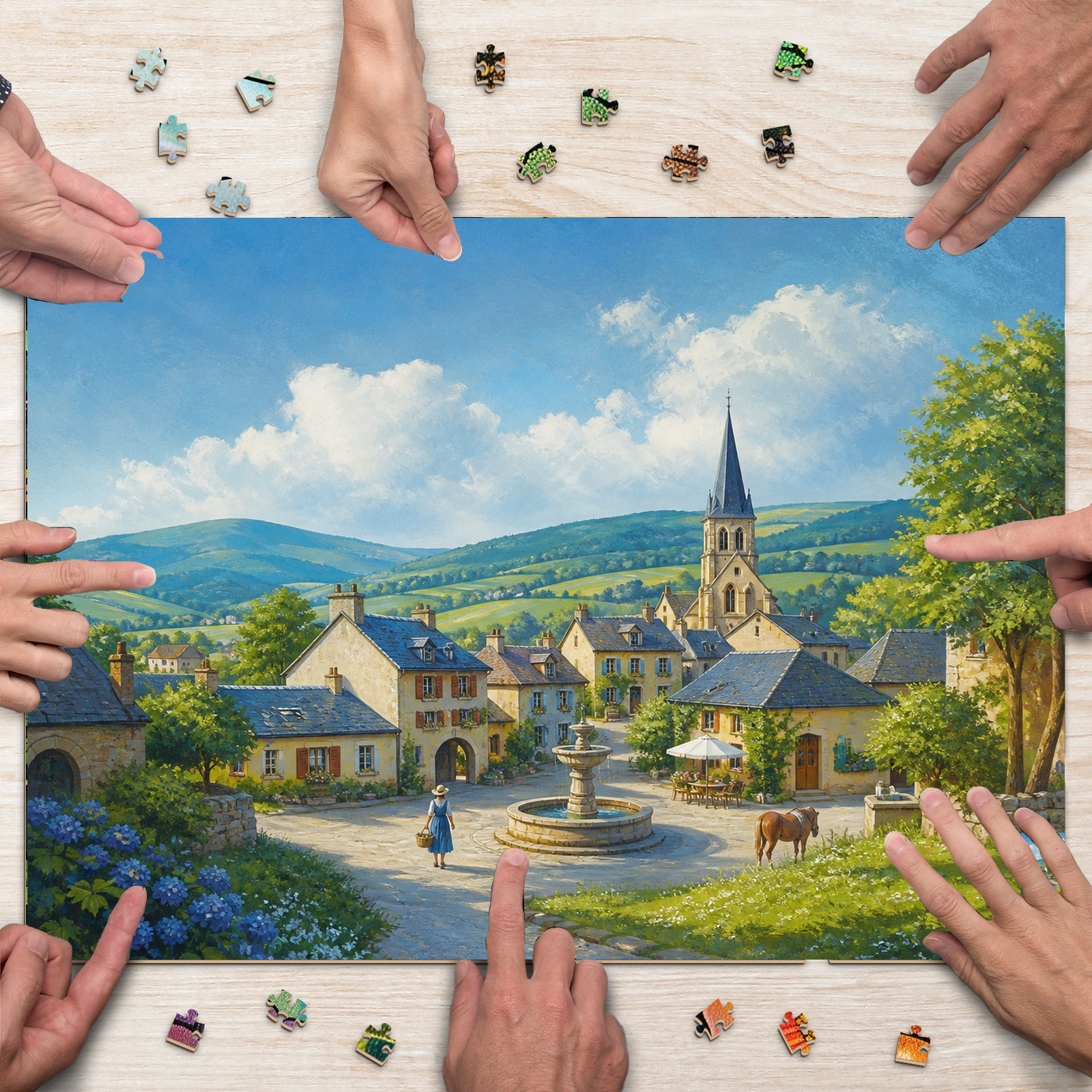 Vibrant Folk-Art Village Landscape Puzzle - puzzle product view