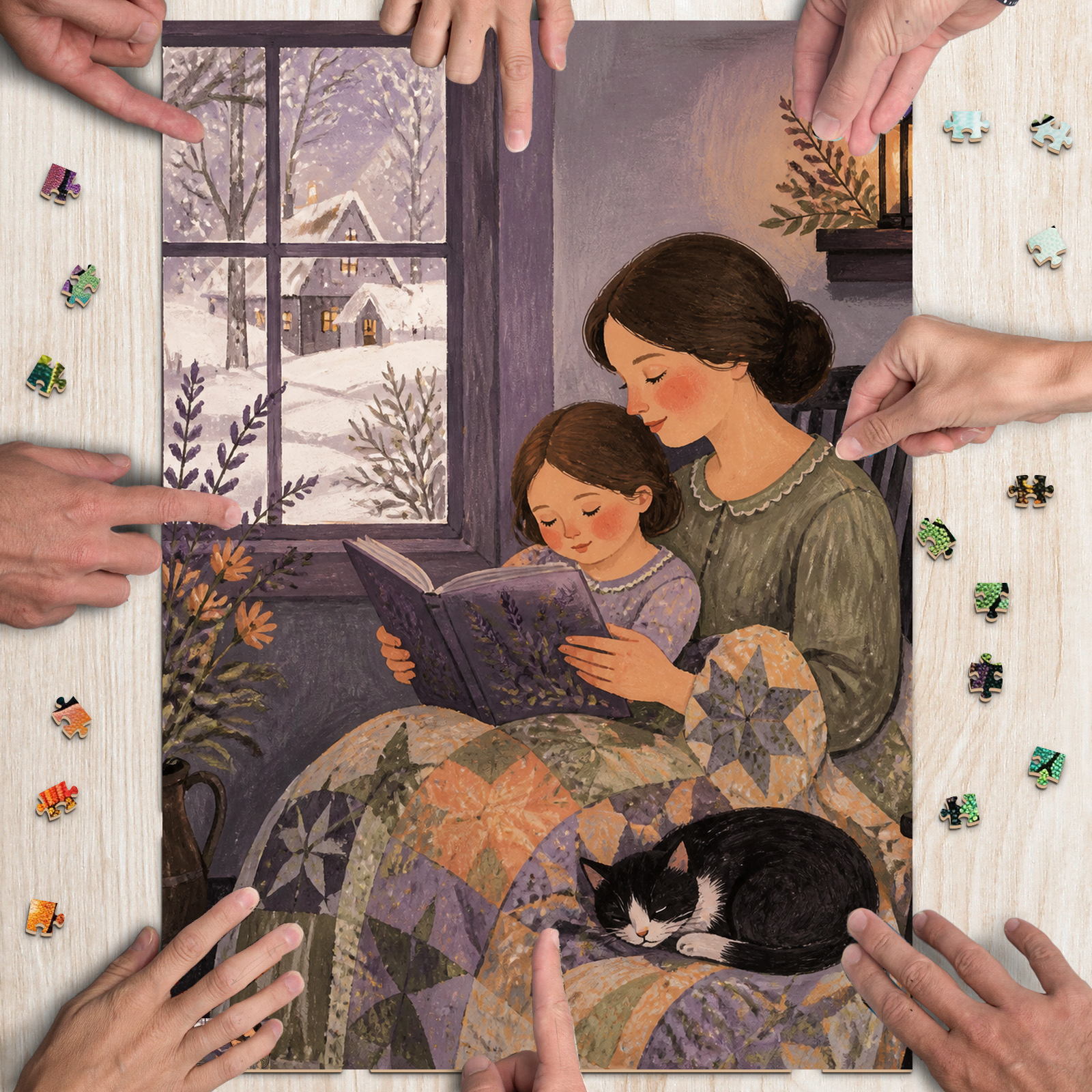 Luminous Winter Cabin Lights Folk Art Portrait Puzzle - puzzle product view