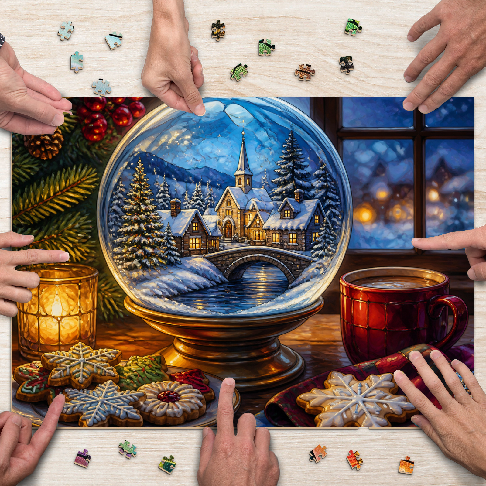 Rain Washed Snow Globe Cookie Table Stained Glass Landscape Puzzle - puzzle product view