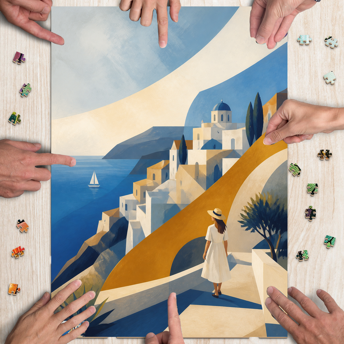 Sunlit Painted Seaside Town Portrait Puzzle - puzzle product view