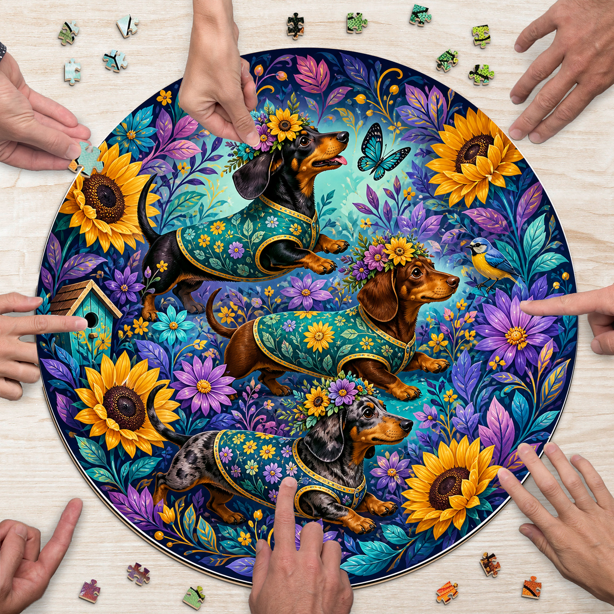 Emerald Dachshund Flower Parade Round Puzzle - puzzle product view