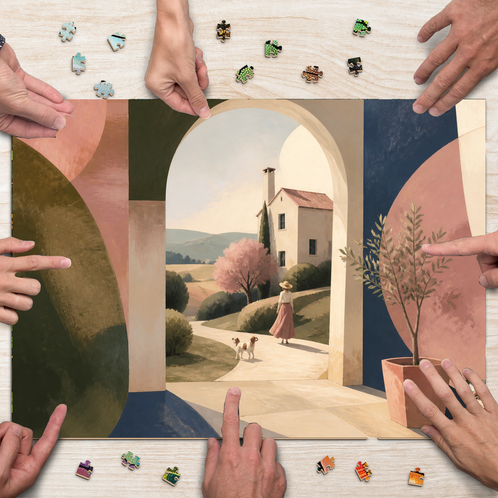 Golden Hour Whimsical Neighborhood Geometric Abstract Landscape Puzzle - puzzle product view