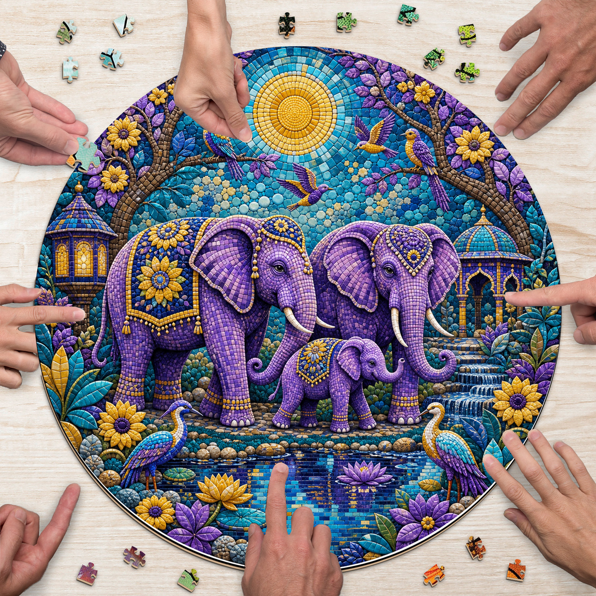 Velvet Elephant Garden Family Round Puzzle - puzzle product view