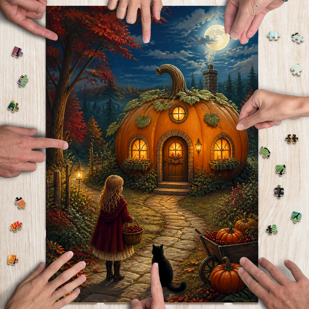 Sunlit Pumpkin Cottage Character Illustration Portrait Puzzle - puzzle product view
