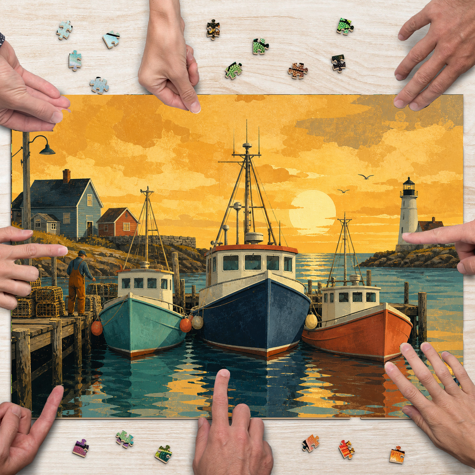Golden Hour Working Harbor Boats Travel Poster Landscape Puzzle - puzzle product view