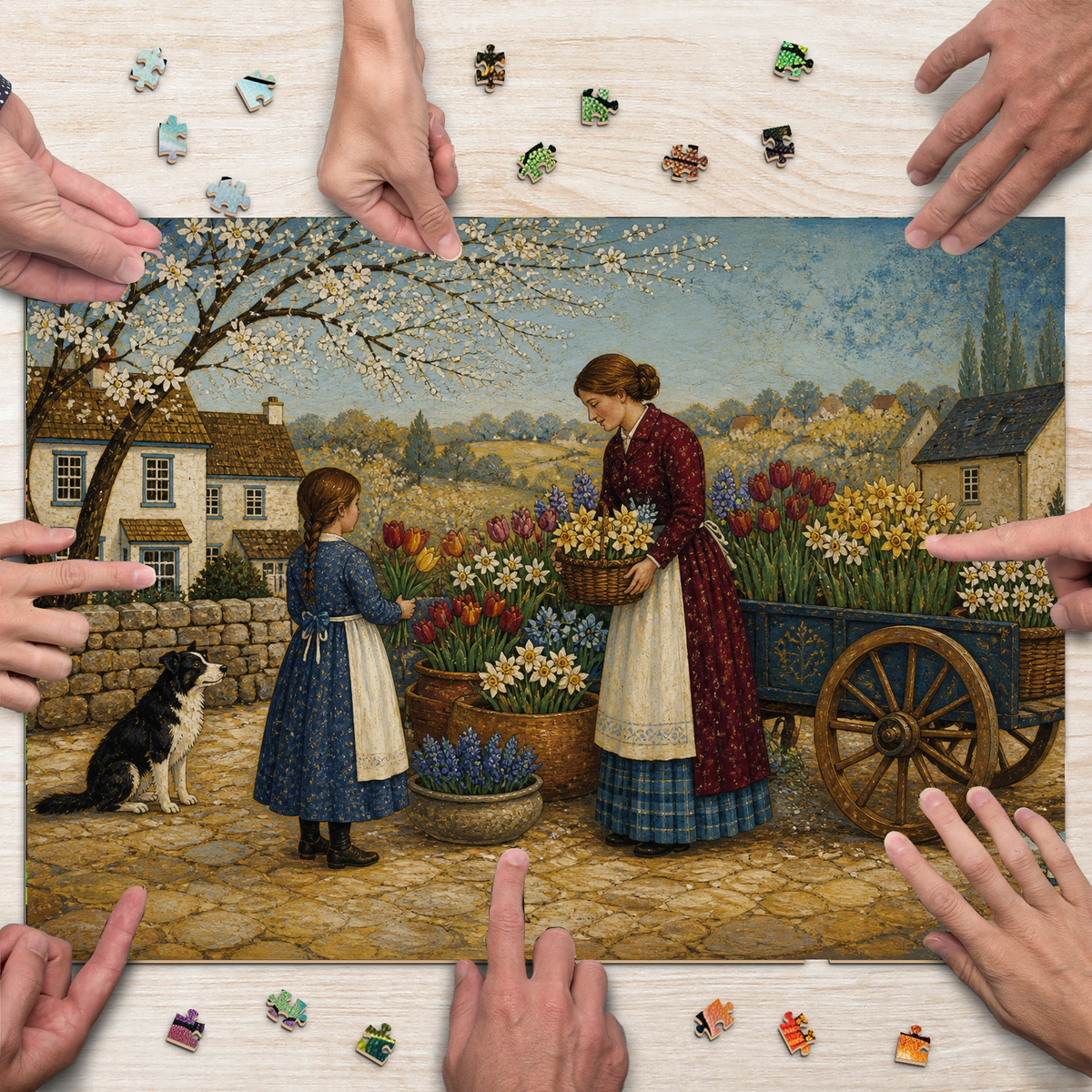 Sunlit Spring Flower Market Folk Art Landscape Puzzle - puzzle product view