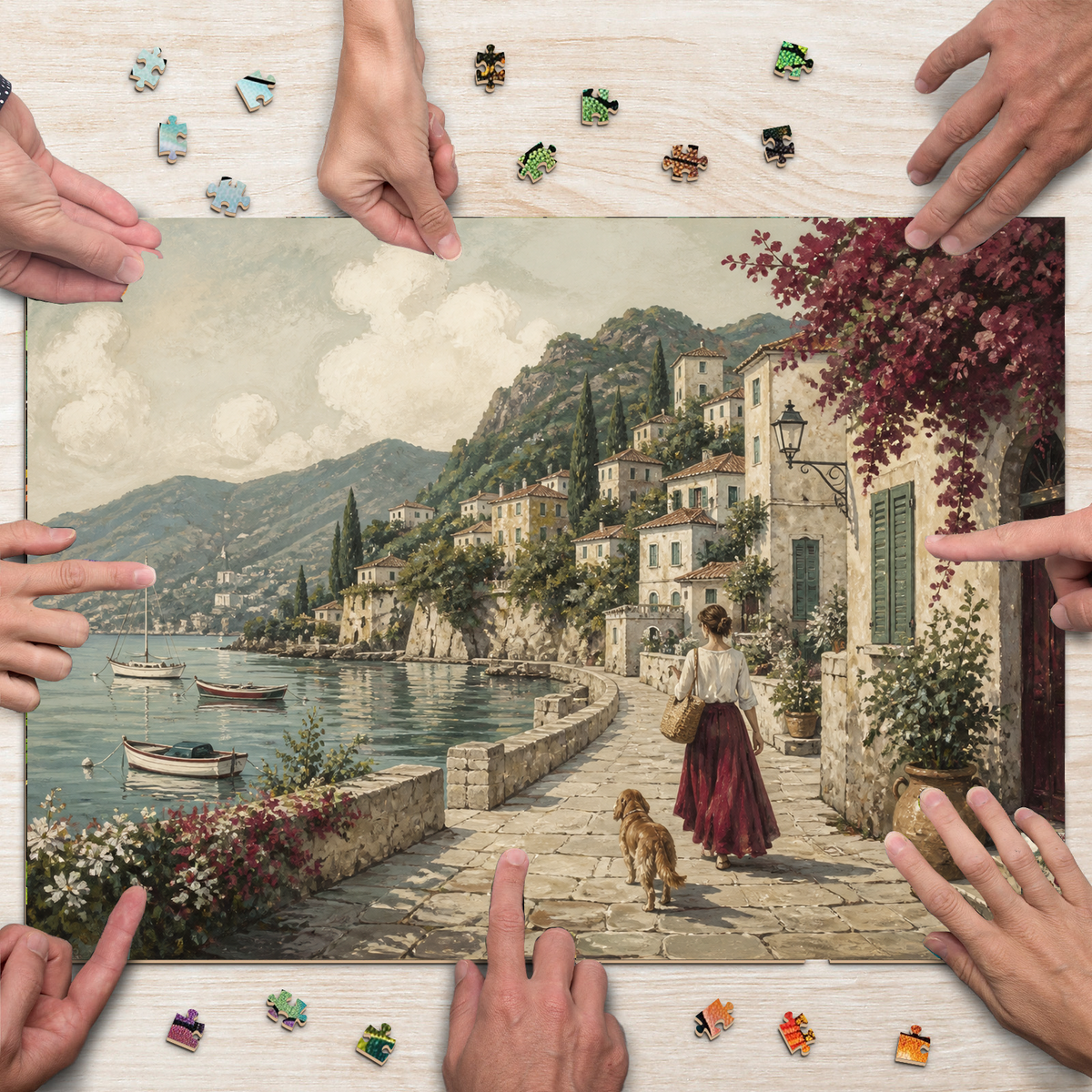 Moonlit Painted Seaside Town Tile Mural Landscape Puzzle - puzzle product view